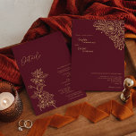 Burgundy Gold Floral Details All In One Wedding Invitation<br><div class="desc">This burgundy gold floral details all in one wedding invitation features a gorgeous sophisticated dark merlot backdrop with elegant gold calligraphy and gilded floral embellishments. The jewel-tone colour story and the golden botanical boho accents together with minimal delicate script create a regal and romantic modern aesthetic that strikes a perfect...</div>