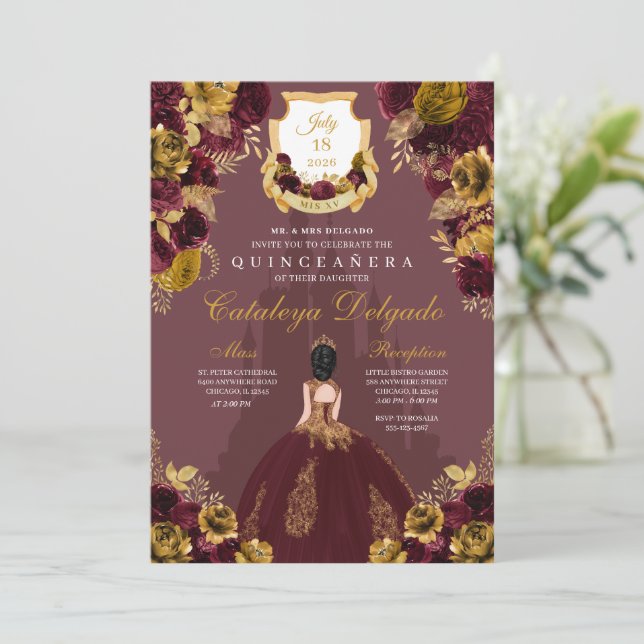 Burgundy & Gold Floral Elegant Quinceañera Invitation (Standing Front)