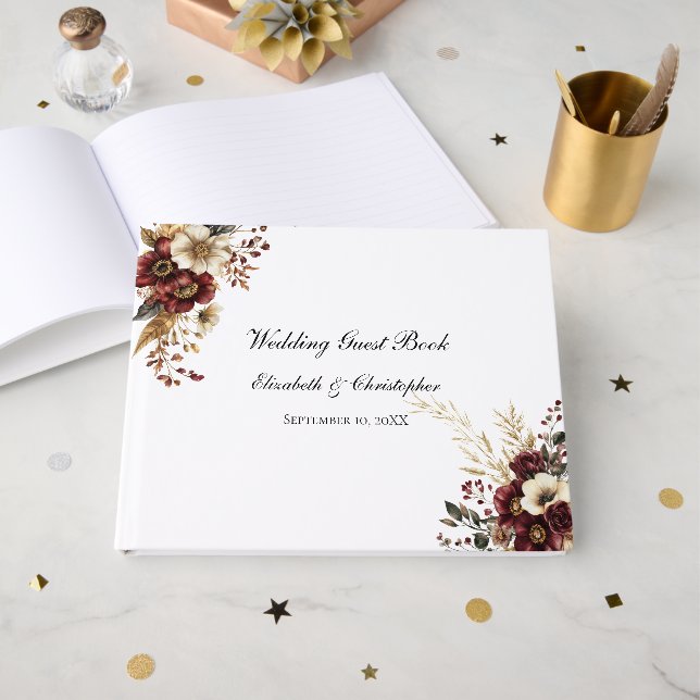 Burgundy Gold Floral Elegant Wedding Guest Book (Front Open)