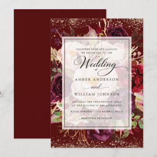 Burgundy Gold Floral Elegant Wedding Invitation