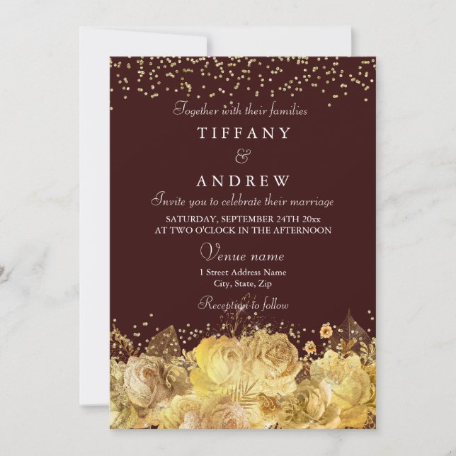 Burgundy & Gold Floral Elegant Wedding Invite (Front)