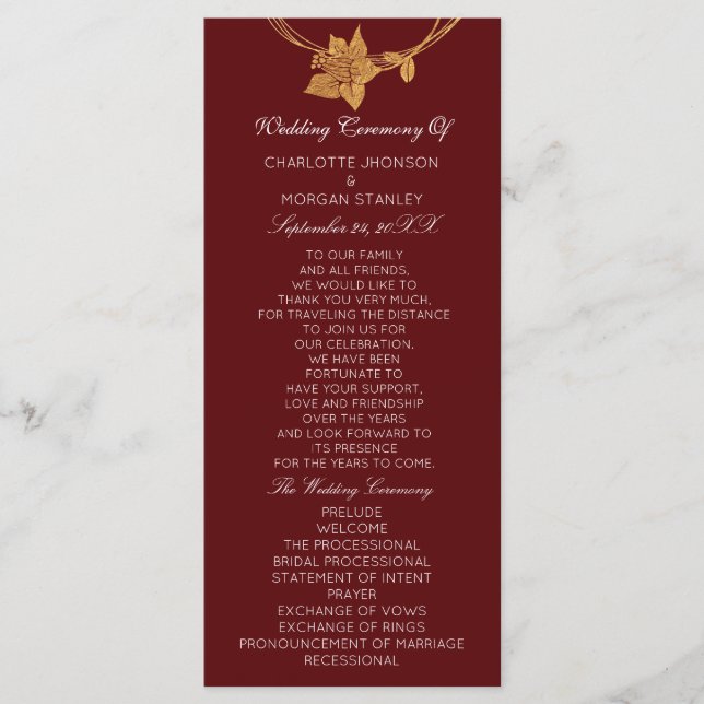 Burgundy Gold Floral Event Wedding Program Maroon (Front)