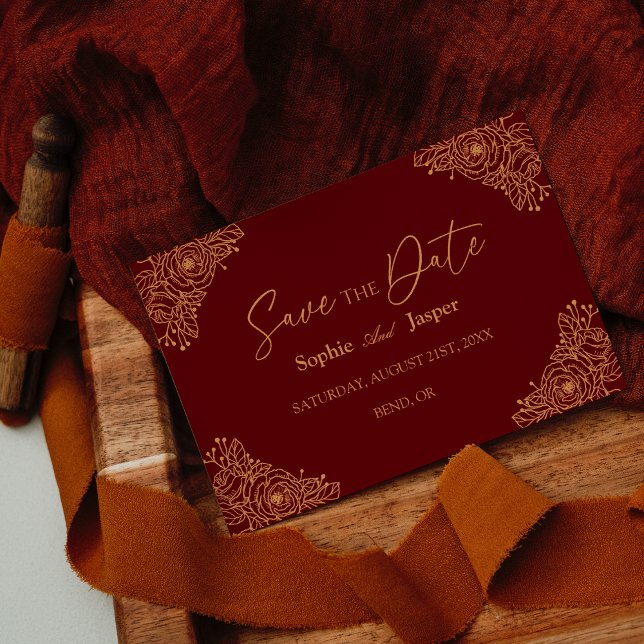 Burgundy Gold Floral Flat Enregistrer La Carte Dat (Créateur téléchargé)