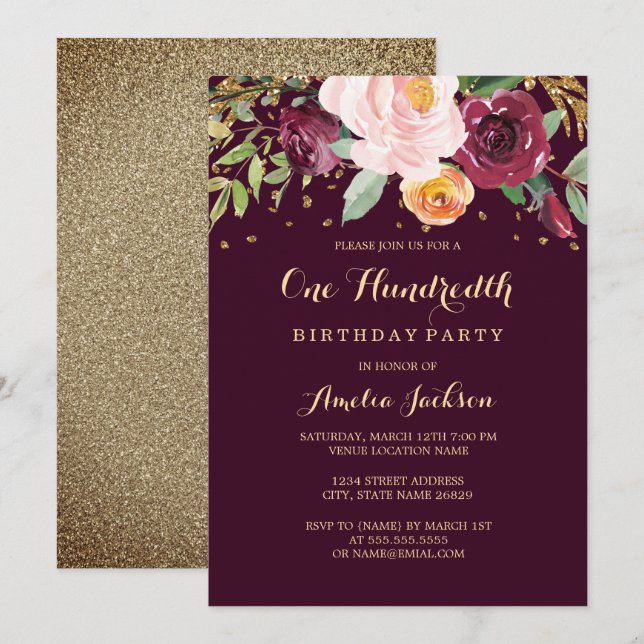 Burgundy Gold Floral Glitter 100th Birthday Party Invitation (Front/Back)