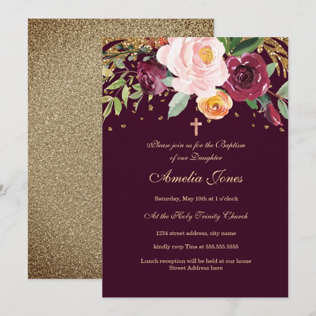 Burgundy Gold Floral Glitter Baptism Invitation (Front/Back)