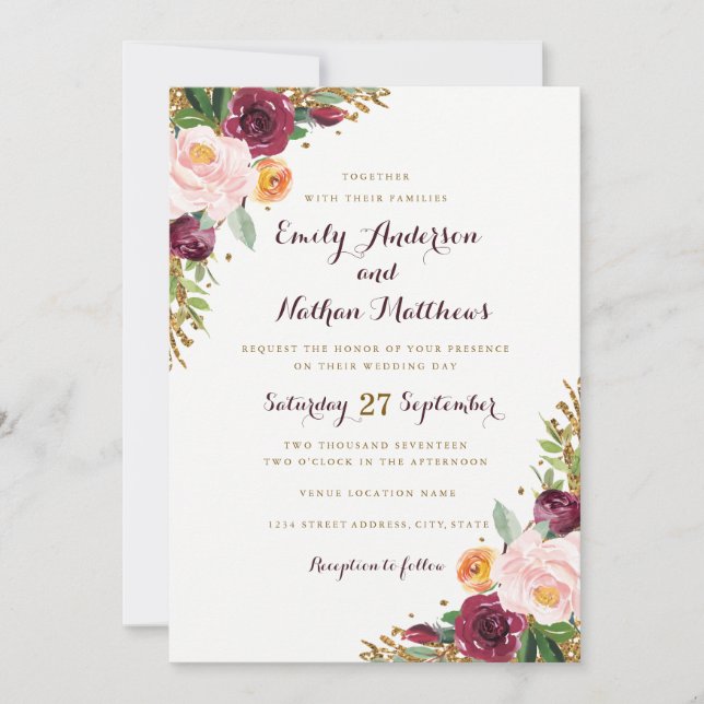 Burgundy Gold Floral Glitter Wedding Invitation (Front)