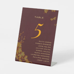 Burgundy & Gold Floral Guest Names Table Number Pedestal Sign