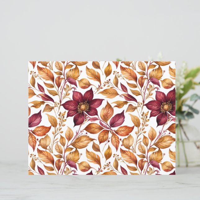 Burgundy & Gold Floral Leaf Pattern Paper Sheet (Standing Front)