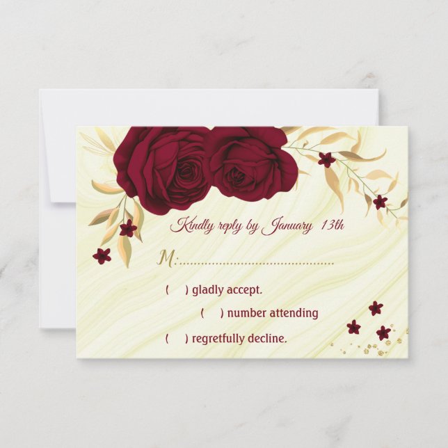 burgundy gold floral marble RSVP card (Front)