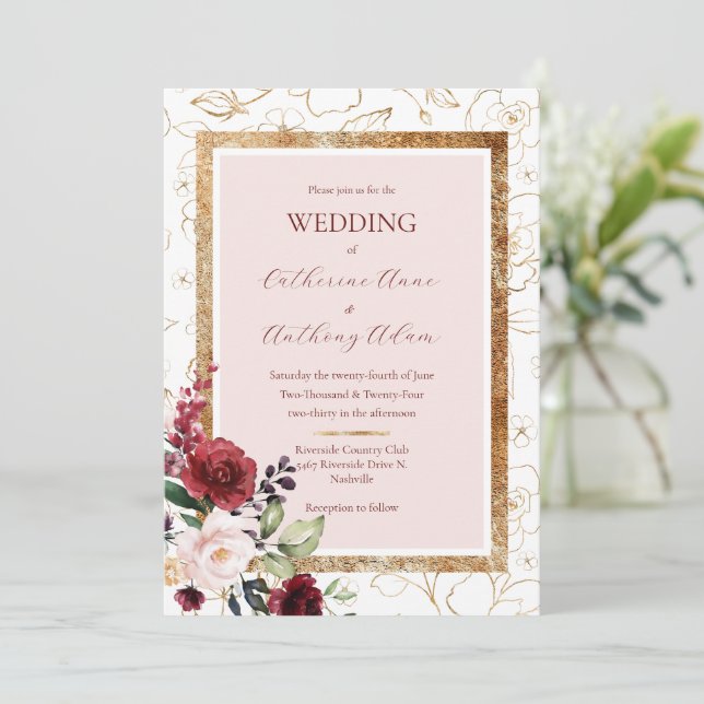 Burgundy Gold Floral Modern Wedding  Invitation (Standing Front)
