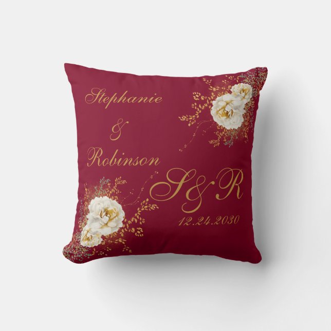 Burgundy Gold Floral Monogram Logo Wedding Throw Pillow (Front)