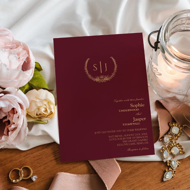 Burgundy Gold Floral Monogram Wedding Invitation (Creator Uploaded)