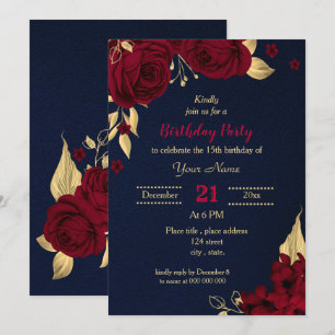 burgundy gold floral navy blue birthday party  invitation