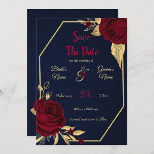 burgundy & gold floral navy blue geometric save the date