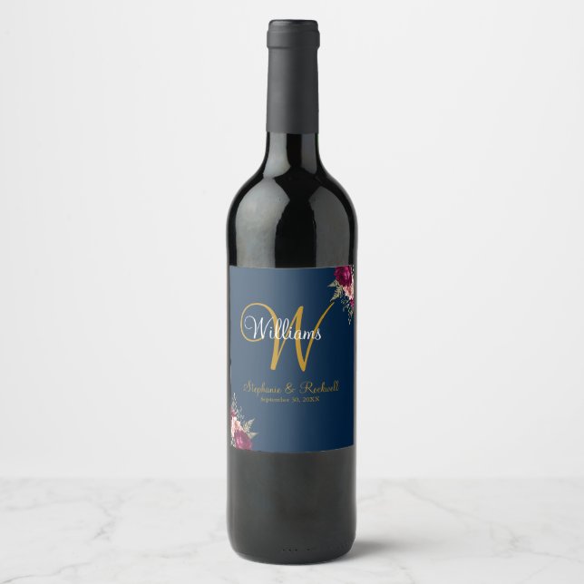 Burgundy Gold Floral Navy Blue Monogram Wedding  Wine Label (Front)