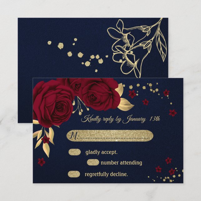burgundy gold floral navy blue RSVP card (Front/Back)