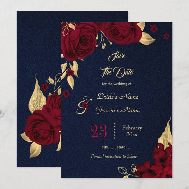 burgundy & gold floral navy blue save the date (Front/Back)