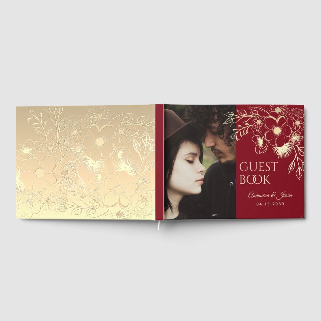 Burgundy Gold Floral Photo Wedding Guest Book (Full)