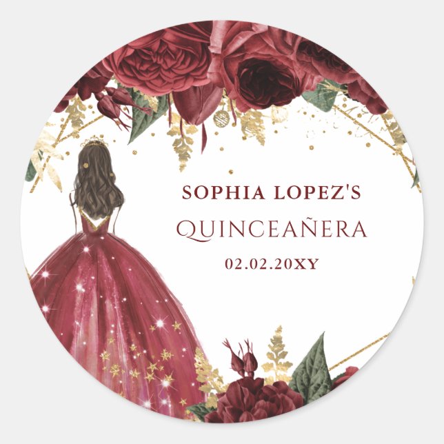Burgundy Gold Floral Princess Quinceanera   Classic Round Sticker (Front)