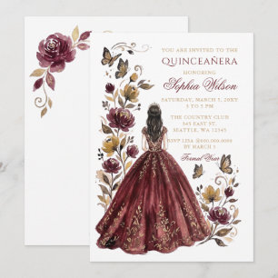 Burgundy Gold Floral Princess Quinceañera Invitation