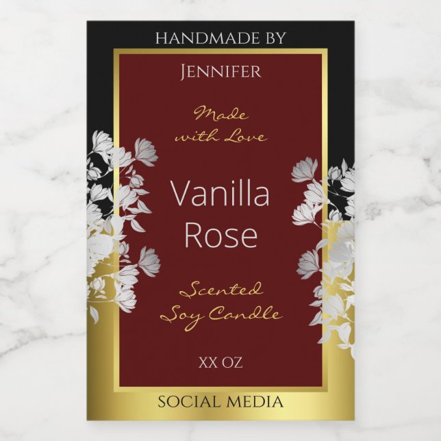 Burgundy Gold Floral Product Labels Silver Flowers (Single Label)
