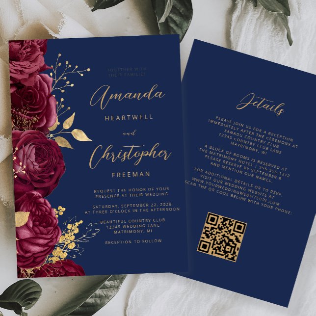 Burgundy Gold Floral QR Code Wedding Invitation (Creator Uploaded)