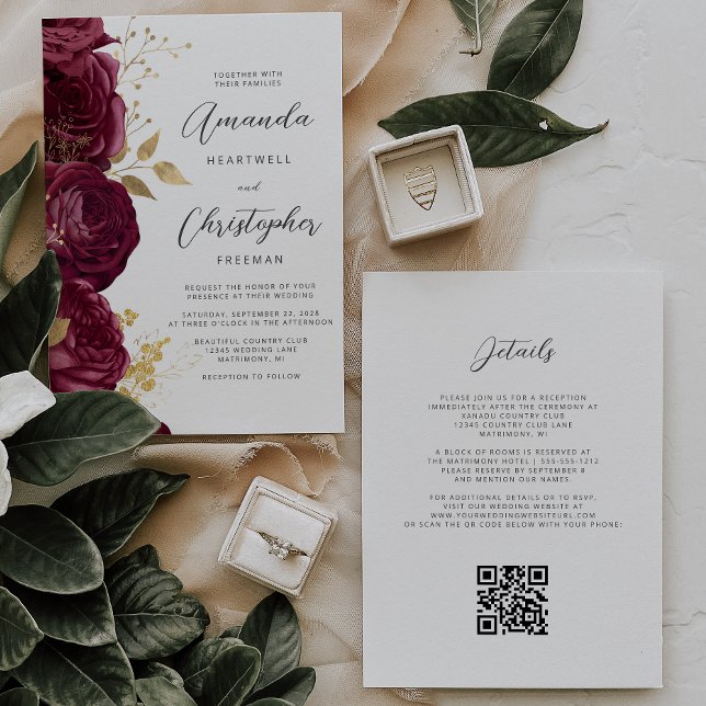 Burgundy Gold Floral QR Code Wedding Invitation (Creator Uploaded)