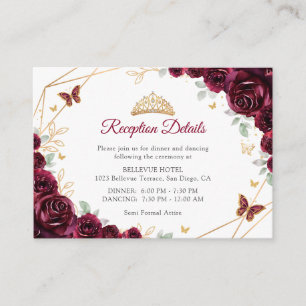 Burgundy Gold Floral Quinceanera Reception Details Enclosure Card