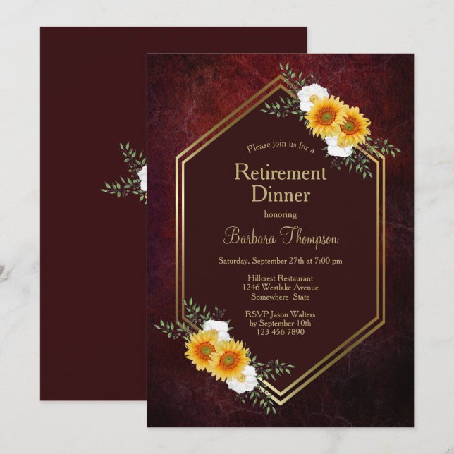 Burgundy Gold Floral Retirement Dinner Party Invitation (Front/Back)