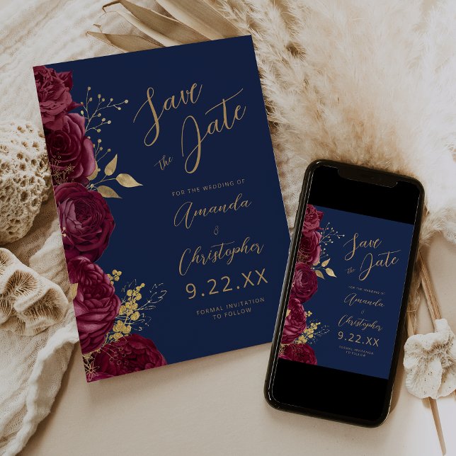 Burgundy Gold Floral Script Navy Save the Date Announcement (Creator Uploaded)