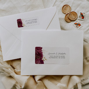 Burgundy Gold Floral Script Wedding Return Address