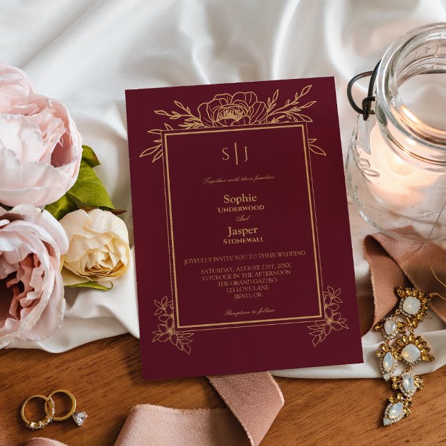 Burgundy Gold Floral Simple Monogram Wedding Invitation (Creator Uploaded)