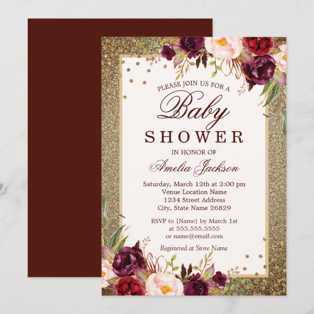 Burgundy Gold floral Sparkle Baby Shower Invitation (Front/Back)