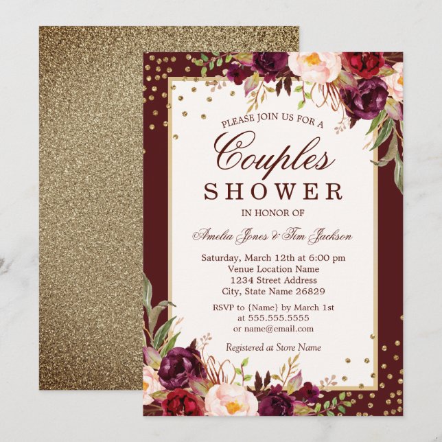 Burgundy Gold floral Sparkle Couples Shower Invitation (Front/Back)