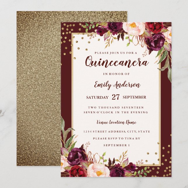 Burgundy Gold floral Sparkle Quinceanera Invite (Front/Back)