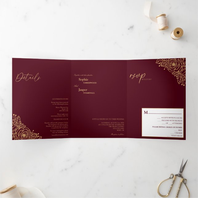 Burgundy Gold Floral Tri-Fold Wedding Invitation (Inside)
