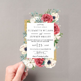 Burgundy Gold Floral Wedding Acrylic Invitations
