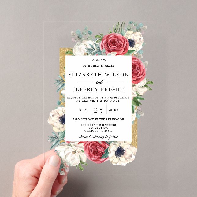 Burgundy Gold Floral Wedding Acrylic Invitations (Insitu (Handheld))