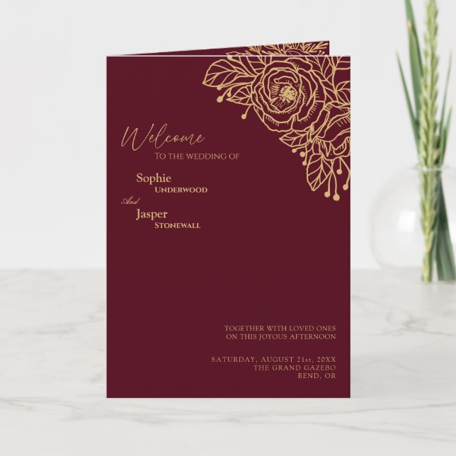 Burgundy Gold Floral Wedding Folded Program (Front)