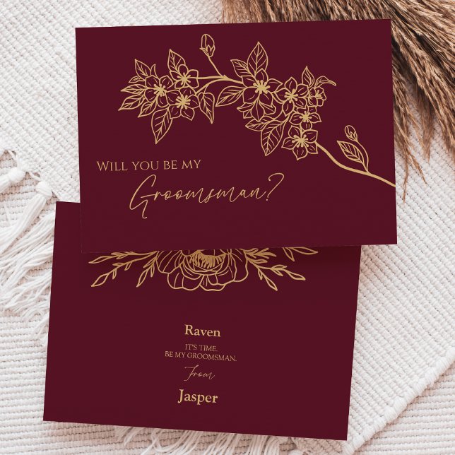 Burgundy Gold Floral Wedding Groomsman Proposal Invitation (Creator Uploaded)