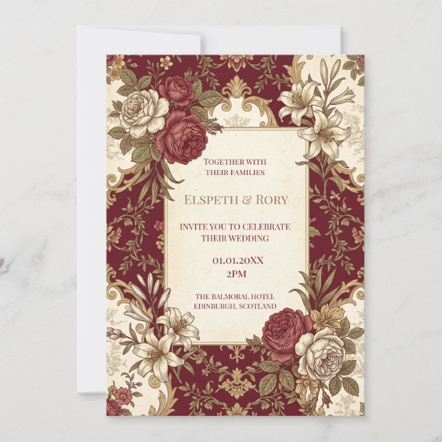 Burgundy Gold Floral Wedding Invitation (Front)