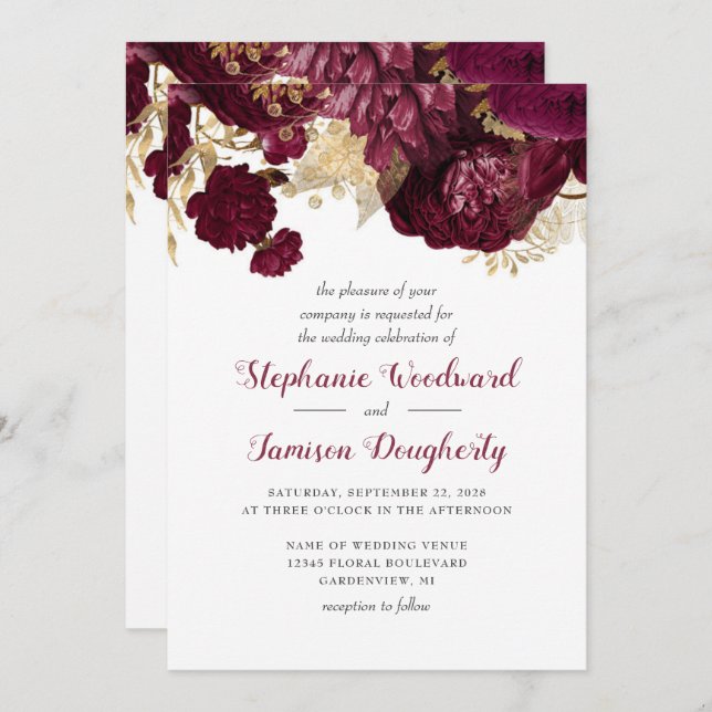 Burgundy Gold Floral Wedding Invitation (Front/Back)