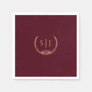Burgundy Gold Floral Wedding Monogram Napkin