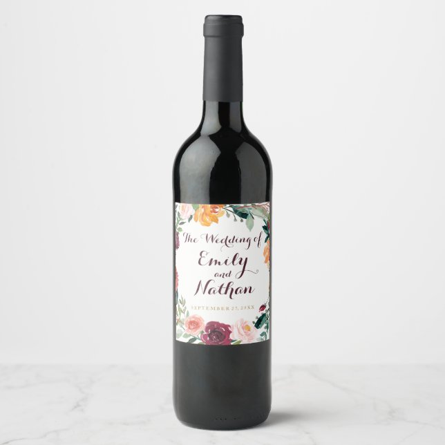 Burgundy Gold Floral Wedding of Wine Label (Front)