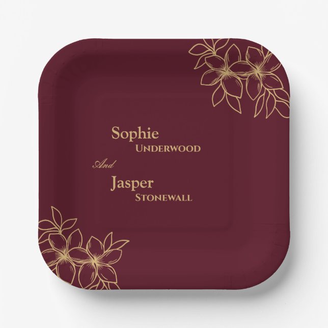 Burgundy Gold Floral Wedding Paper Plates (Front)