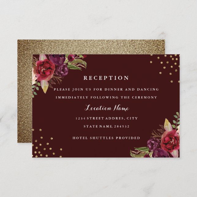 Burgundy Gold Floral Wedding Reception Card (Front/Back)