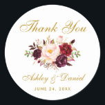 Burgundy Gold Floral Wedding Thank You Classic Round Sticker<br><div class="desc">Burgundy Marsala Gold Floral Watercolor Wedding Thank You Stickers</div>
