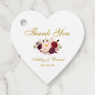 Burgundy Gold Floral Wedding Thank You Heart Favour Tags