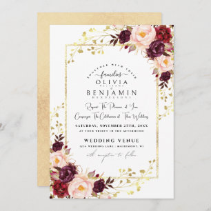 Burgundy Gold Florales Chic Foil Glitter Wedding Invitation