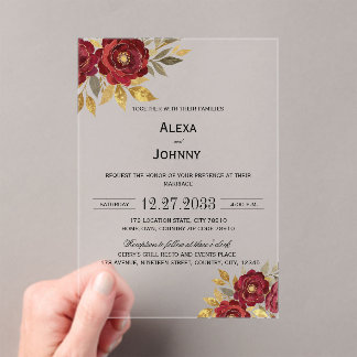 Burgundy Gold Florals Minimalist Elegant Modern Acrylic Invitations